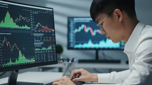 Man monitors charts on dual computer screens in a modern office setting