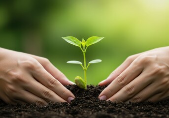 Fototapeta premium Hands gently planting a small green seedling into rich dark soil