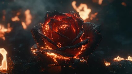 Burning rose with glowing embers and fiery petals creates dramatic intense atmosphere with dark smoky background flickering flames evoking passion power heat smoke flame ember petal fire glowing rose
