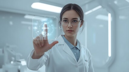 Scientist interacting with futuristic holographic display in a modern laboratory