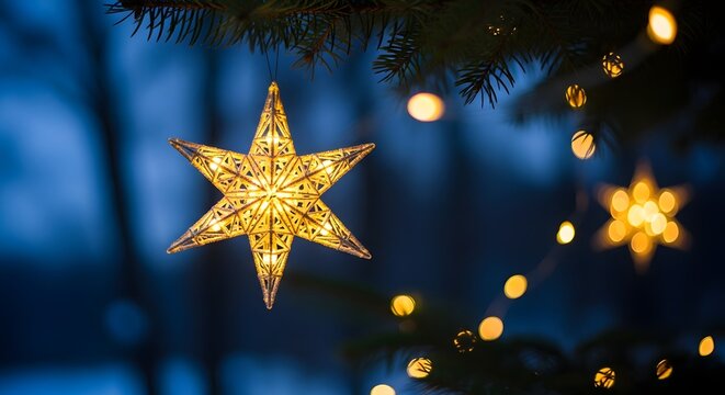 Wide Christmas decor banner background with gold color glowing star lanterns lighten on the floor