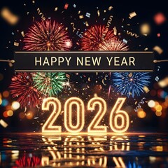 Glowing 2026 Celebration with Fireworks, Confetti, and Happy New