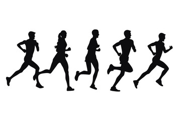 Obraz premium Black silhouettes show active group of runners with diverse body types in motion