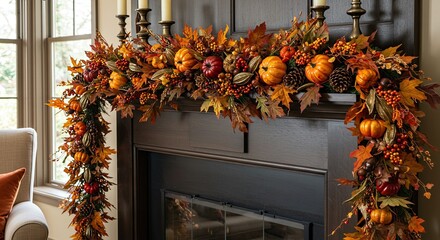 Autumn mantel garland with pumpkins and fall foliage for seasonal decor