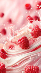 Fresh raspberries splashing in creamy swirl, creating dynamic motion and vibrant colors, showcasing deliciousness and indulgence in a culinary scene