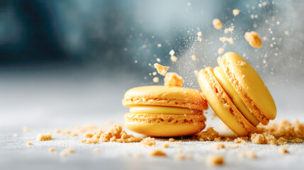 Yellow macarons are delicately stacked on a surface, with crumbs scattered around, showcasing a delightful dessert experience and culinary artistry