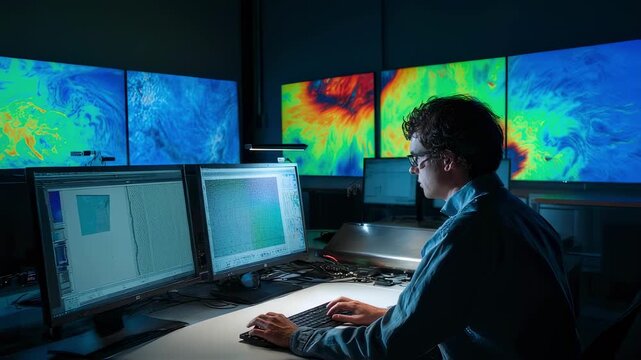 Scientist working on computer with multiple screens displaying graphical data related to climate change and weather patterns in a technologically advanced laboratory