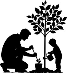 Father and Son Tree Planting Silhouette for Environmental Concept