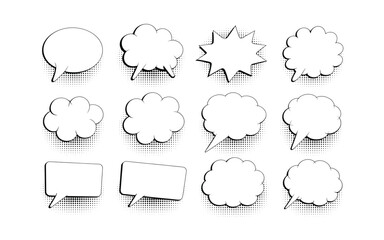 Variety of Comic Speech Bubble Set in Black and White with Halftone Shadows for Graphic Design and Comic Art