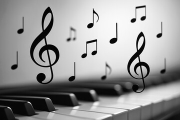 Elegant black and white abstract music composition with floating treble clefs and clear notes over soft piano textures. Minimalist design perfect for modern music themes.