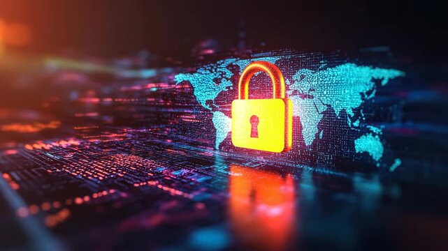 Cybersecurity digital lock glowing padlock with world map background symbolizing global data protection and network interface for advanced digital security and data protection - Powered by Adobe