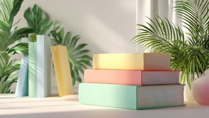 Pastel-colored books stacked on a white surface, surrounded by tropical plants, bathed in soft sunlight