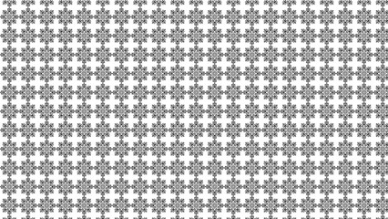 A repeating pattern of black snowflakes on a white background forming a symmetrical design layout