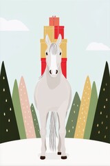 Minimalist vector illustration showcasing a white horse carrying colorful gifts in a whimsical, festive landscape. Christmas and New Year. Year of the horse