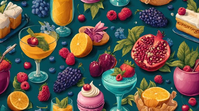 Colorful still life art featuring various desserts, fruits, and beverages on teal background