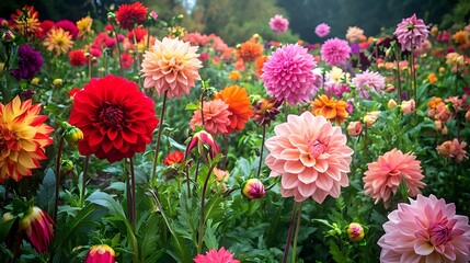 Field Of Colorful Dahlias Blooming In A Garden Setting Summer Floral Display