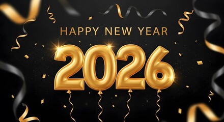 Golden Balloon Numbers Announce Happy New Year 2026 on Black Bac