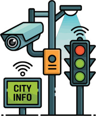 Surveillance camera traffic light and city information sign street light technology