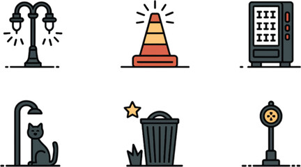 Street lamp traffic cone vending machine sitting cat trash can radiation symbol vector