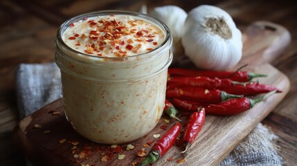 Spicy aioli with red pepper flakes, garlic, and chili peppers. Showcase a spicy gourmet condiment for culinary or editorial projects.