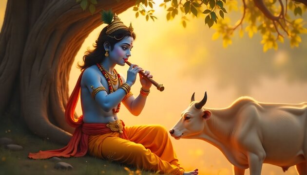 Lord Krishna playing flute under a tree in Vrindavan, soft divine glow, artistic style