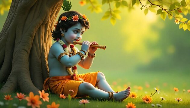 Lord Krishna playing flute under a tree in Vrindavan, soft divine glow, artistic style