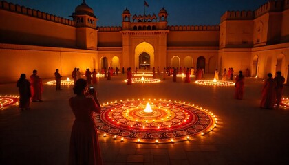 vibrant street during Diwali, decorated with lights and rangoli, traditional attire