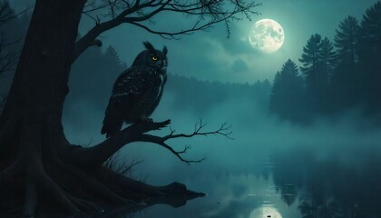 wise owl perched on a branch at night, full moon in the background, mystical style”