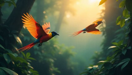 Colorful exotic birds flying over a tropical rainforest, vibrant and detailed