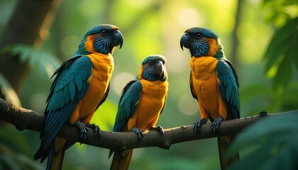Colorful exotic birds flying over a tropical rainforest, vibrant and detailed