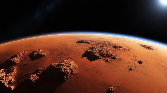 Spaceship window showing martian landscape in space