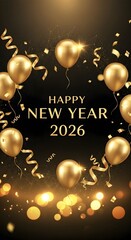 Golden Balloons and Confetti Celebrate a Sparkling Happy New Yea