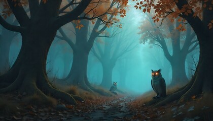 Fantasy forest glowing with bioluminescent plants and mysterious creatures, high detail”