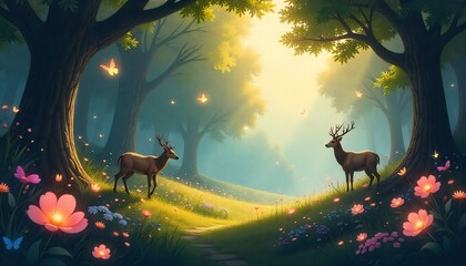 Fantasy forest glowing with bioluminescent plants and mysterious creatures, high detail”