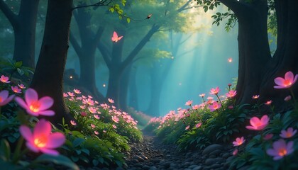 Fantasy forest glowing with bioluminescent plants and mysterious creatures, high detail”