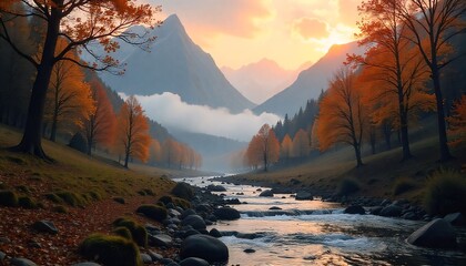 serene mountain valley at sunrise with mist and a flowing river, ultra realistic