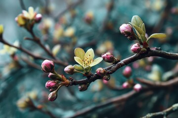 Pale yellow blossoms and pink buds adorn a tree branch in the spring season. Perfect for nature themes, spring designs, or representing new beginnings.