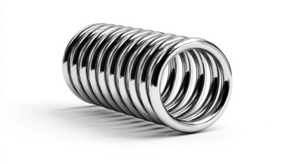 Shiny metal coil spring isolated on white surface, studio shot. Great for elasticity, engineering, and mechanical concepts.
