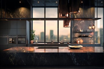 Stylish modern kitchen with dark granite countertops and copper range hood.