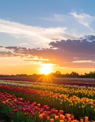 Fototapeta premium Colorful tulip field at sunset (1)