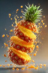 Floating pineapple slices with vibrant juice action on gradient background. 