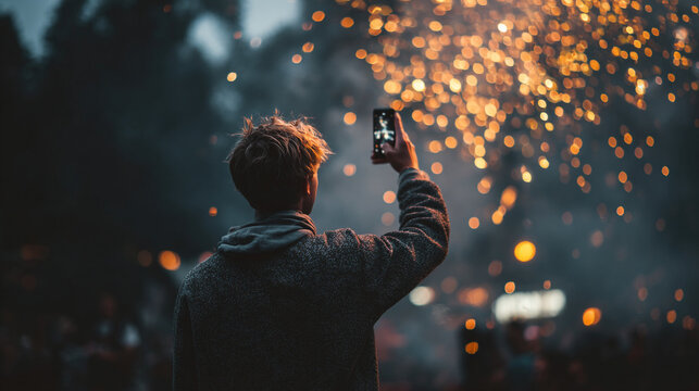 A person taking a picture of fireworks with a cell phone at night time event