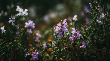 Small, delicate purple & white flowers in a natural, soft-focus setting. Use as background or to evoke springtime, nature, or tranquility.