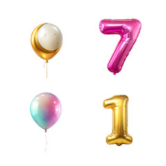 Colorful balloons with numbers seven and one isolated on transparent background