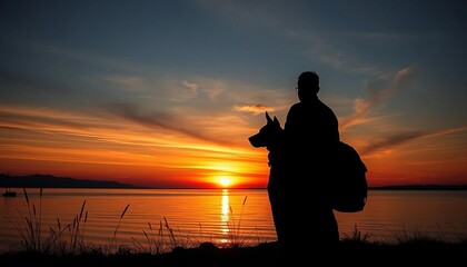 Fototapeta premium Silhouetted dog and owner watching serene sunset, light, twilight