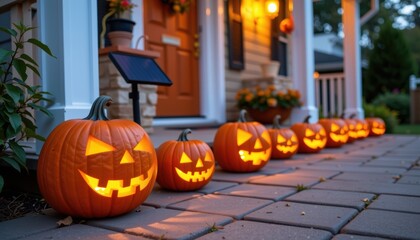 Obraz premium Glowing jack-o'-lanterns line a porch during Halloween festivities.