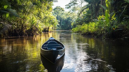 A serene canoe floats gently on a tranquil river. Lush greenery surrounds the water, creating a peaceful escape into nature. Experience the beauty of outdoor adventures. Generative AI