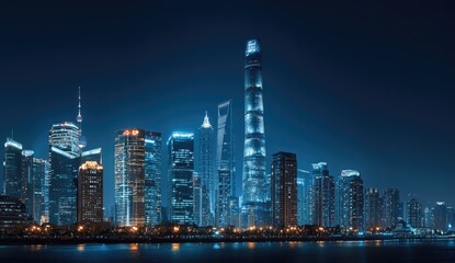 Obraz premium Panoramic city skyline at night, illuminated skyscrapers along a river