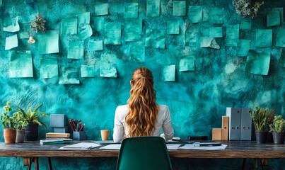 Creative workspace with woman planning ideas at wooden desk surrounded by notes on textured turquoise wall and office supplies for project organization and brainstorming