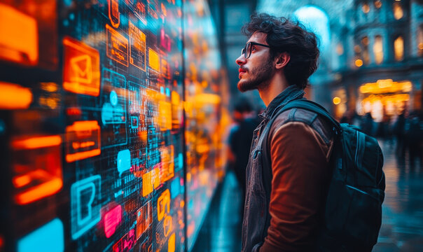 Young man with backpack analyzing futuristic digital interface with colorful data icons and holographic technology in urban environment at night